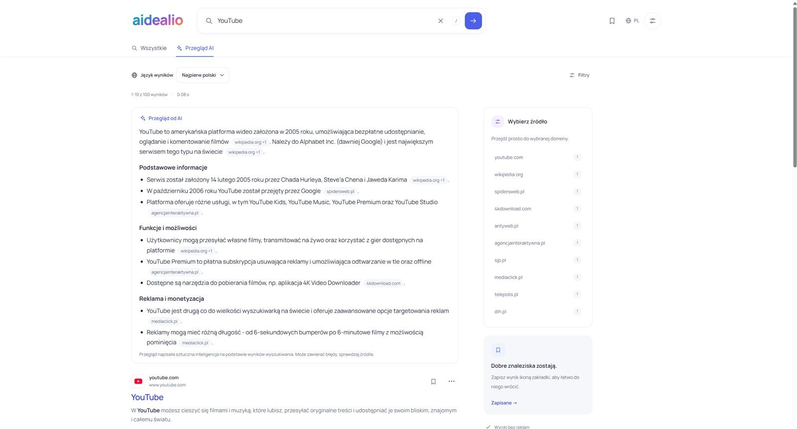Przegląd od AI w Aidealio dla zapytania YouTube z odnośnikami do źródeł