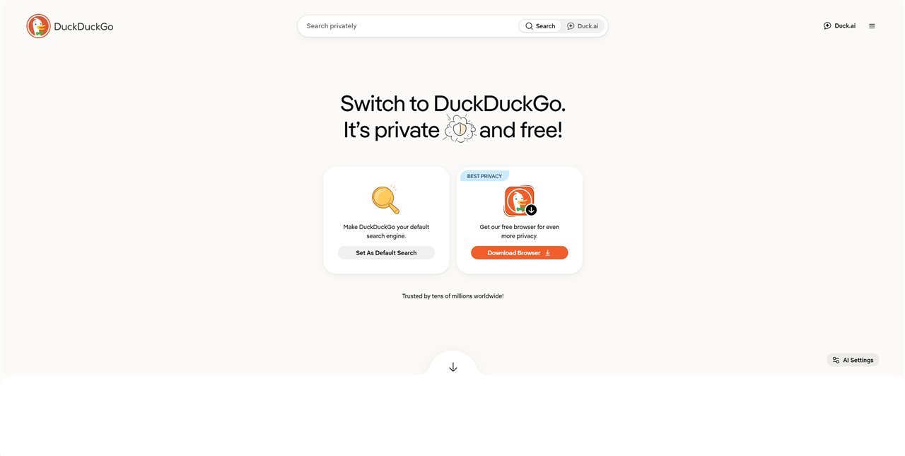 Startseite von DuckDuckGo mit Suchfeld und Duck.ai
