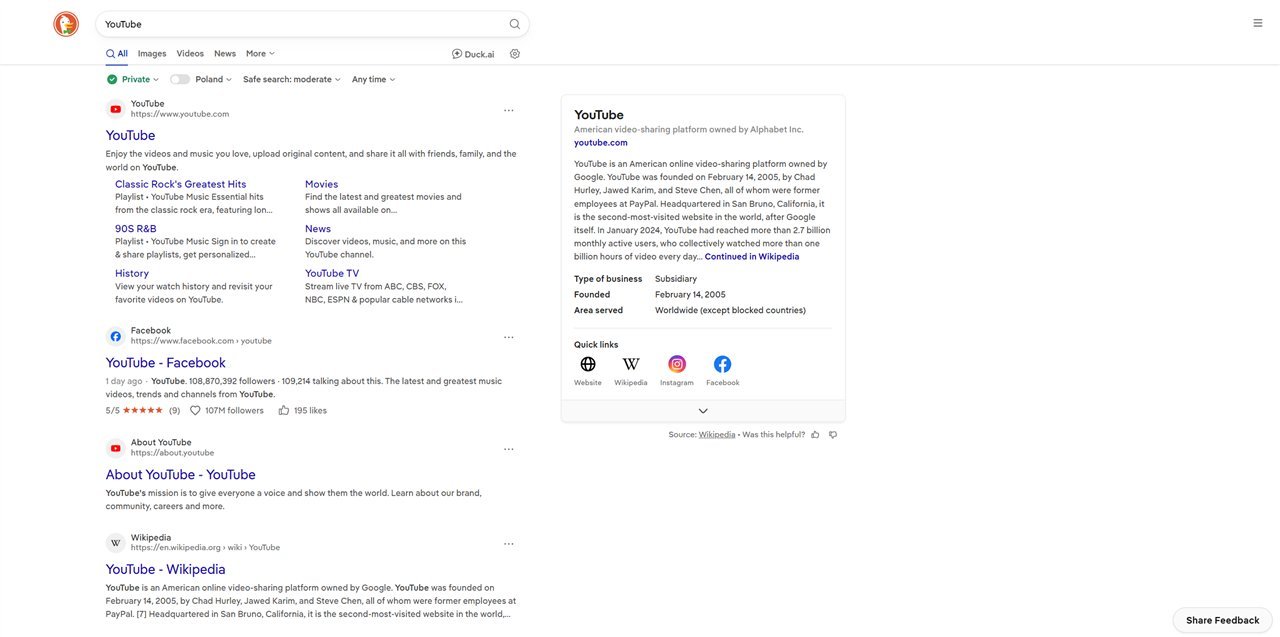 DuckDuckGo-Ergebnisse für YouTube mit Sitelinks und Wissenspanel