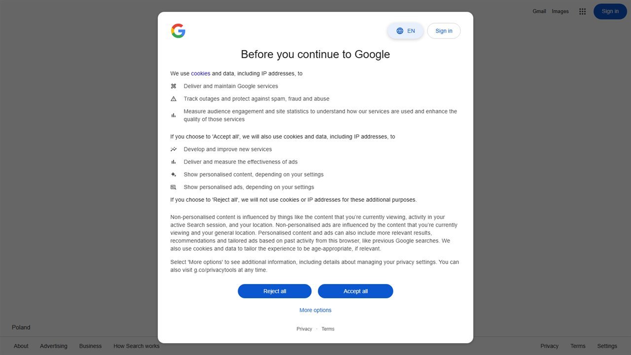 Google consent screen asking about cookies, data and personalised ads