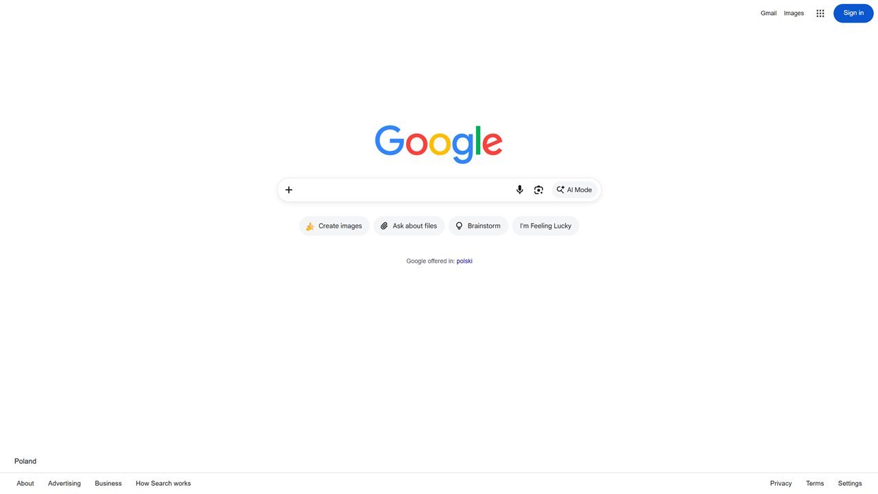 Google home page with the search box and the AI Mode button