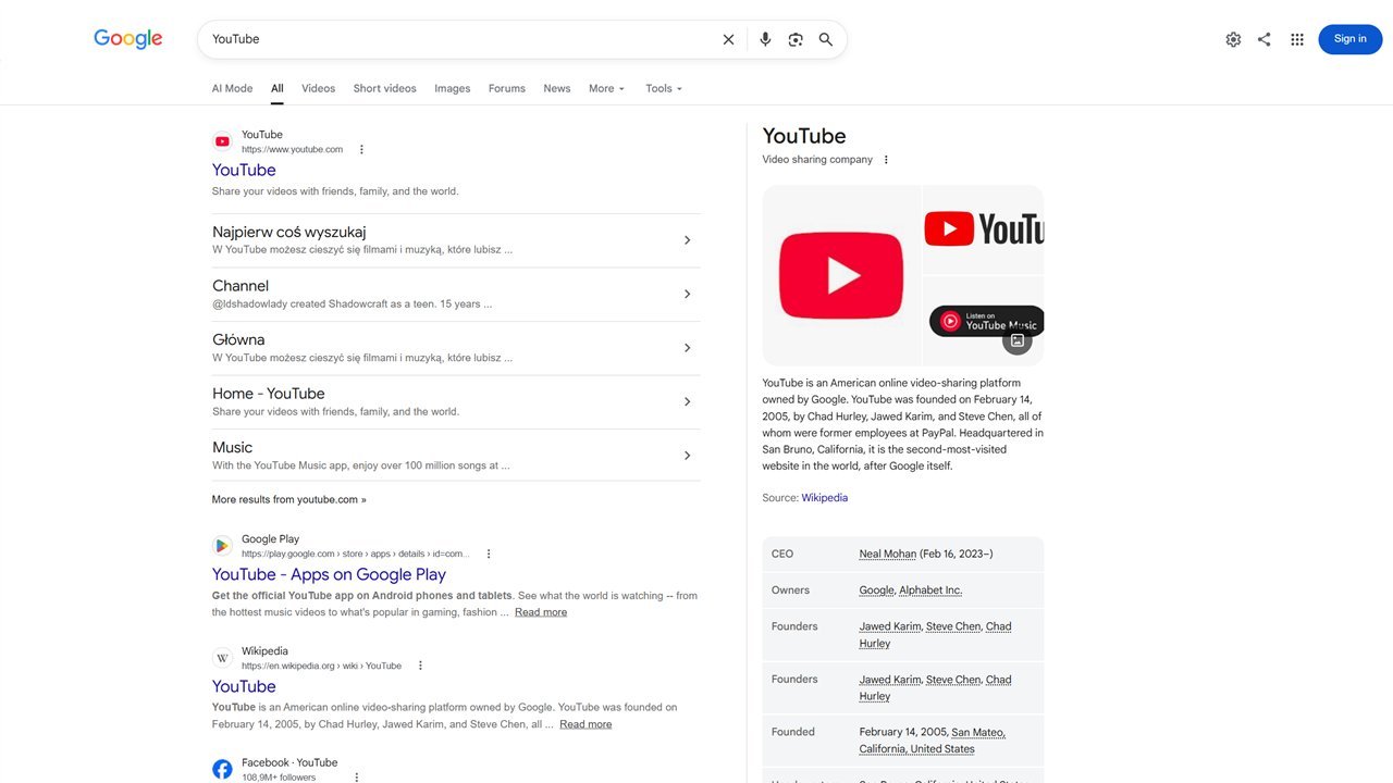 Google results for YouTube with sitelinks, a knowledge panel and the AI Mode tab