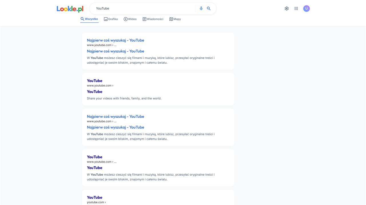 Wyniki wyszukiwania Lookle dla zapytania YouTube z powtarzającymi się wpisami