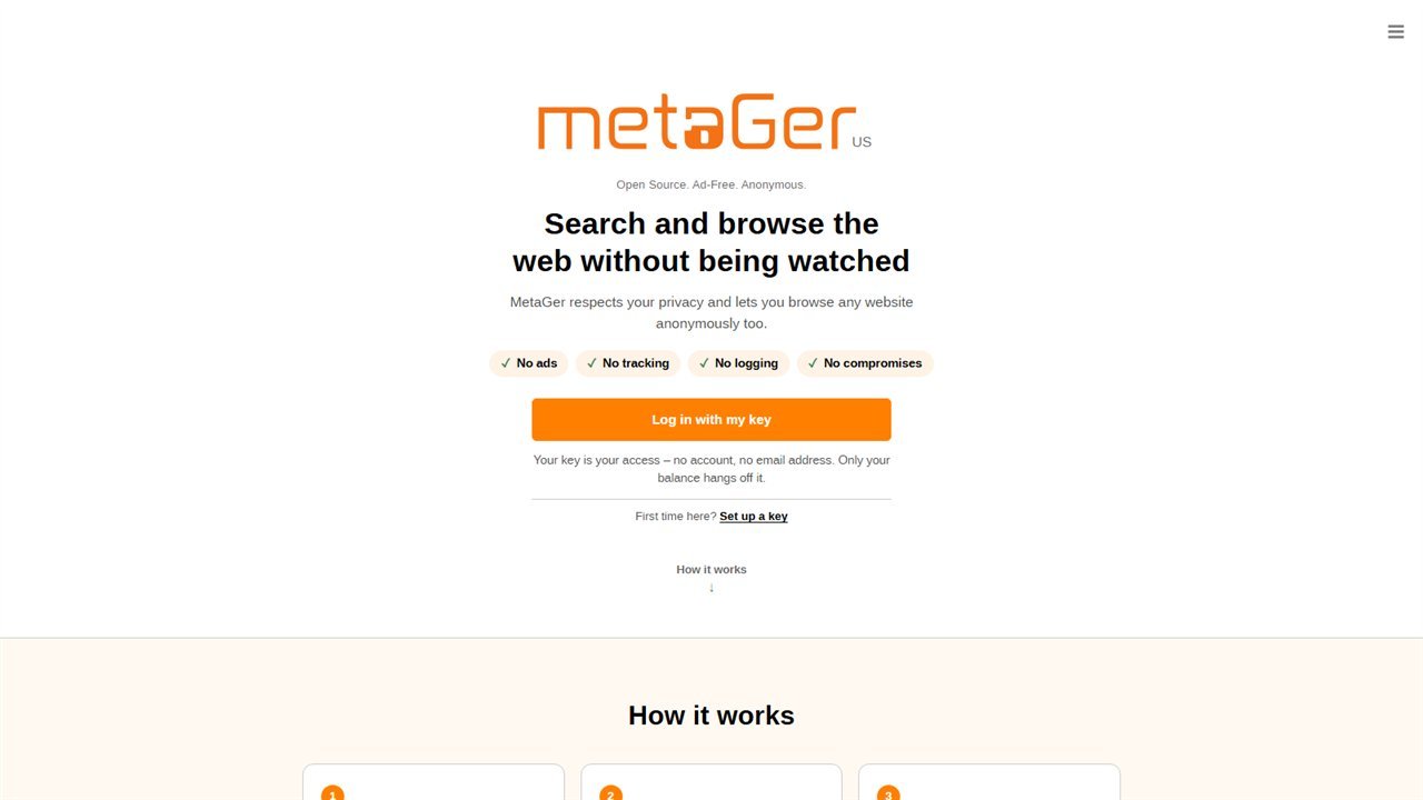 MetaGer home page with the key login