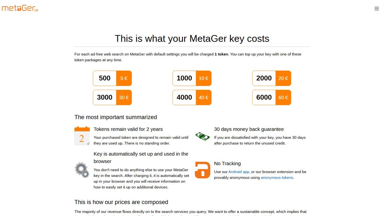 MetaGer prices page with token packages from 500 to 6000 tokens