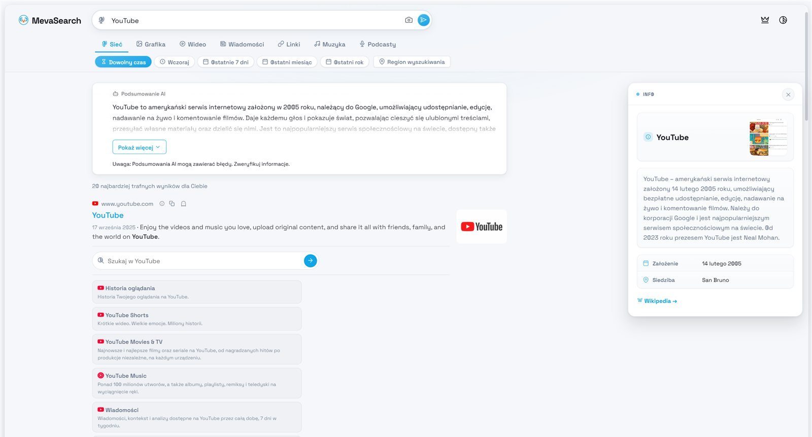Wyniki MevaSearch dla zapytania YouTube z podsumowaniem AI, sitelinkami i panelem informacji