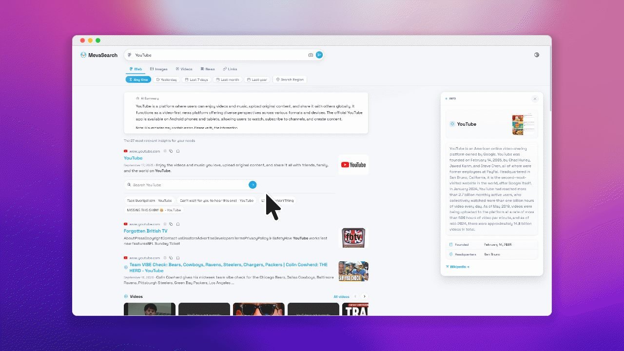 Søkeresultater i MevaSearch med nettstedslenker, søk på nettstedet, kunnskapspanel og videokarusell