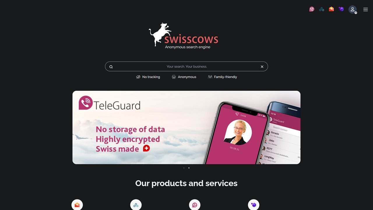 Swisscows sin forside med søkefeltet og TeleGuard-banneret