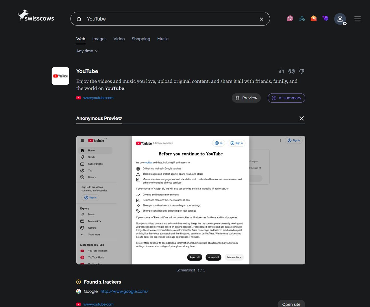 Anonymous Preview i Swisscows med skjermbilde av youtube.com og én funnet sporer