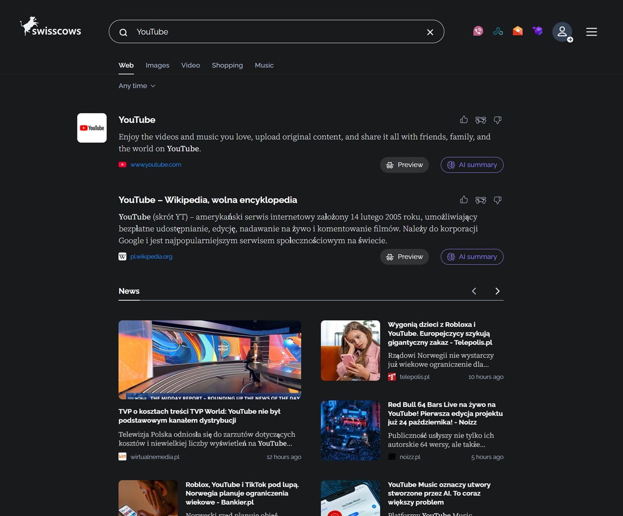 Swisscows-resultater for YouTube med knappene Preview og AI summary og en nyhetsseksjon